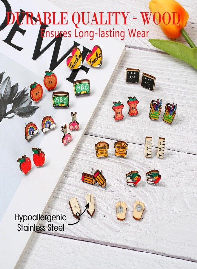 SANDOO 15 Pairs Back to School Earrings for Teachers - Wooden Cute Pencil Crayon Ruler Apple Book Earrings, Bulk Teacher Jewelry for Women, Teacher Appreciation Gift - Image 3